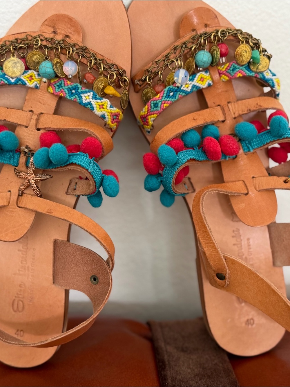 Boho Pom Pom Leather Sandals in Tan with Teal & Red Accents